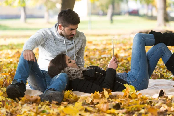 美丽的秋日里 一对年轻夫妇坐在毛毯上 在公园里用数码计时器聆听音乐 — 图库照片