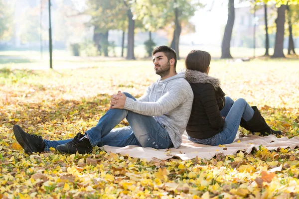 在这个美丽的秋日 一对年轻夫妇坐在毛毯上 — 图库照片