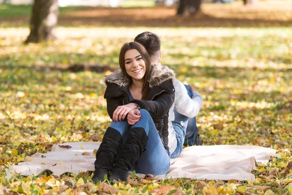 Young Couple Sitting Blanket Beautiful Autumn Day — Stok Foto