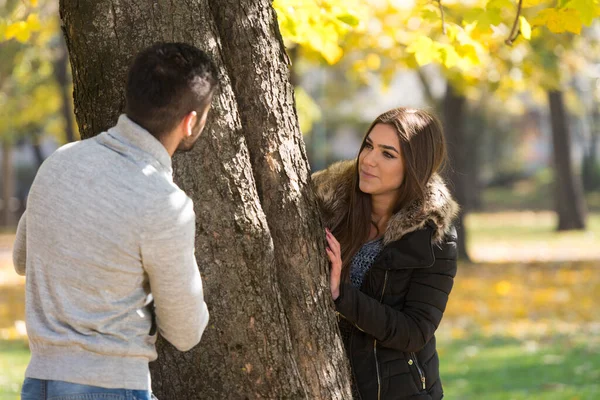 Pareja Joven Coqueteando Entre Árbol Hermoso Día Otoño Parque — Foto de Stock