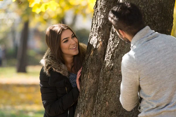 Ungt Par Flirter Mellem Træet Den Smukke Efterårsdag Parken - Stock-foto