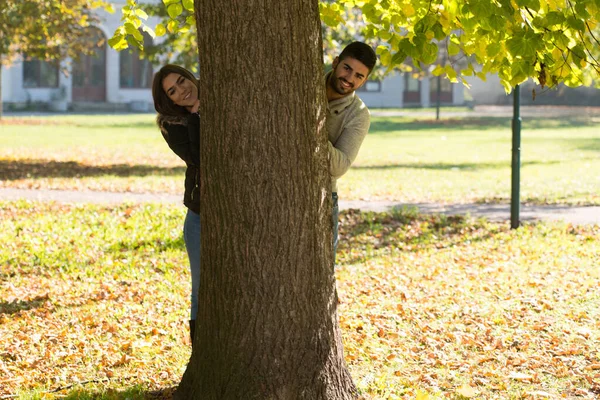 Unga Par Flörtar Mellan Träden Den Vackra Höstdagen Parken — Stockfoto
