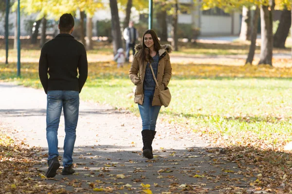 Young Girl Man Flyrting Walking Next Each Other Forest Woods — Stock Photo, Image