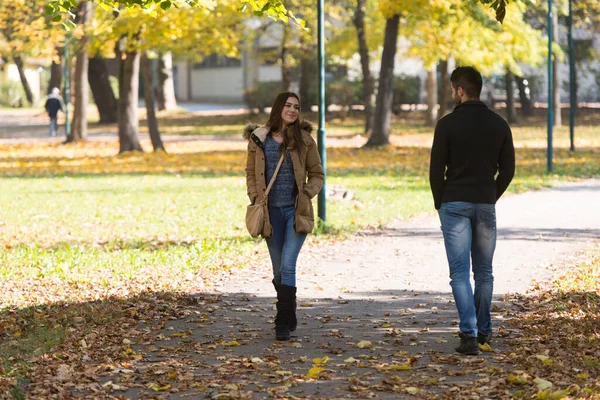 Young Girl Man Flyrting Walking Next Each Other Forest Woods — Stock Photo, Image