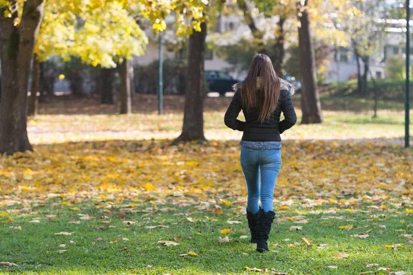 秋の森の中を歩く若い女 — ストック写真