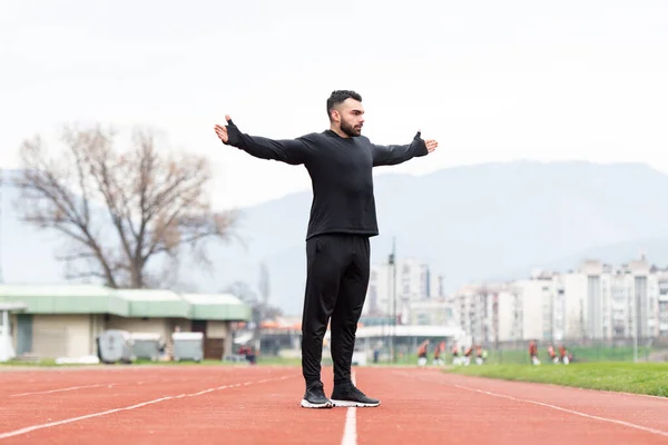 Sporty Man Stretching Warming Legs Running Fitness Workout Track Exercising — Stock Photo, Image