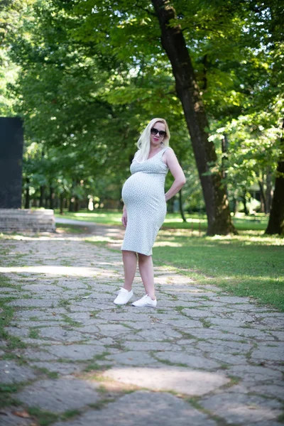 Estómago Mujer Embarazada Vestido Verano Aire Libre — Foto de Stock