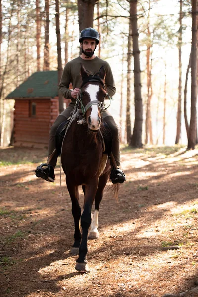 Unge Man Jockey Ridning Brun Häst Promenad Över Fältet — Stockfoto