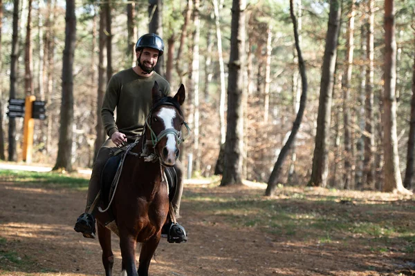 Jongeman Jockey Paardrijden Bruin Paard Wandelen Veld — Stockfoto