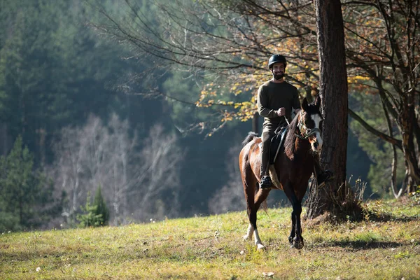 Portret Van Een Zelfverzekerde Mannelijke Jockey Met Paard Het Veld — Stockfoto