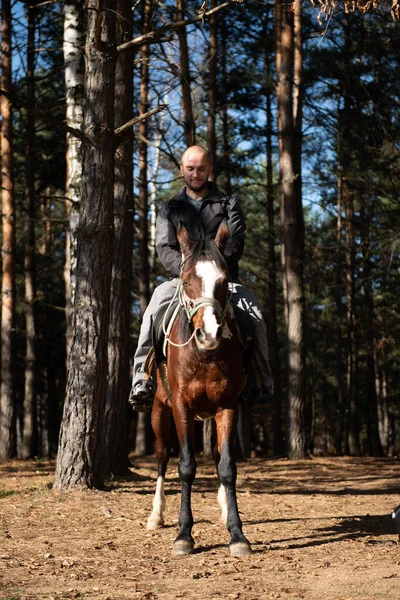 Ung Man Rider Med Hennes Häst Njuter Bra Humör Kvällens — Stockfoto