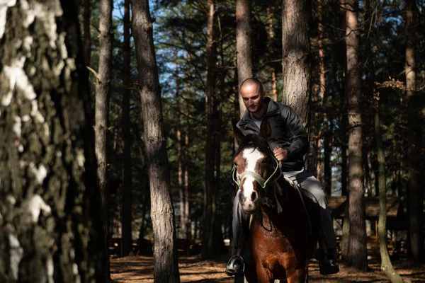 Ung Man Rider Med Hennes Häst Njuter Bra Humör Kvällens — Stockfoto