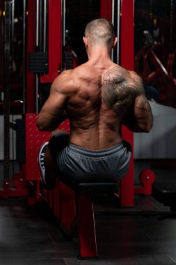 Yakışıklı Vücut Geliştirici Makineye Geri Dönmek İçin Ağır Ağırlık Egzersizi Yapıyor