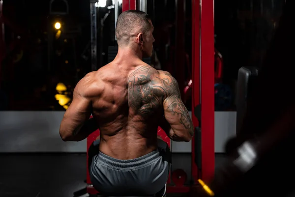 Bodybuilder Beau Faisant Exercice Lourd Poids Pour Dos Sur Machine — Photo