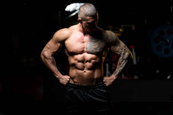 Retrato Hombre Físicamente Forma Que Muestra Cuerpo Bien Entrenado Muscular Imagen de stock