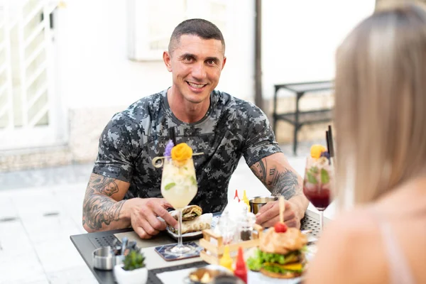 Portrait Adult Man Eating Tortilla Burrito Outdoors Restaurant Drinking Cocktail — Stock Photo, Image