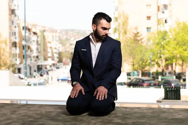 Businessman Muslim Making Traditional Prayer God Allah Mosque — Stock Photo, Image