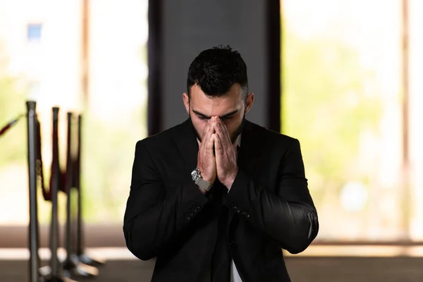 Portrait Young Adult Muslim Man Praying Mosque Stock Picture