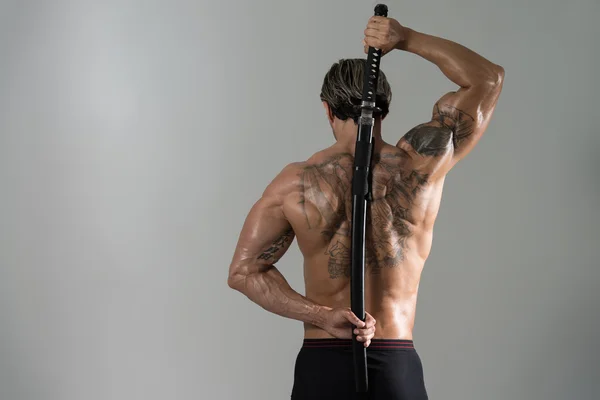 Mature Man Holding Sword Ready To Fight — Stock Photo, Image