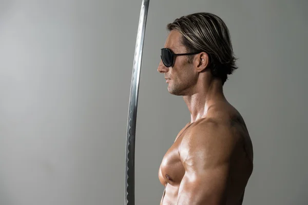 Mature Man Holding Sword Ready To Fight — Stock Photo, Image