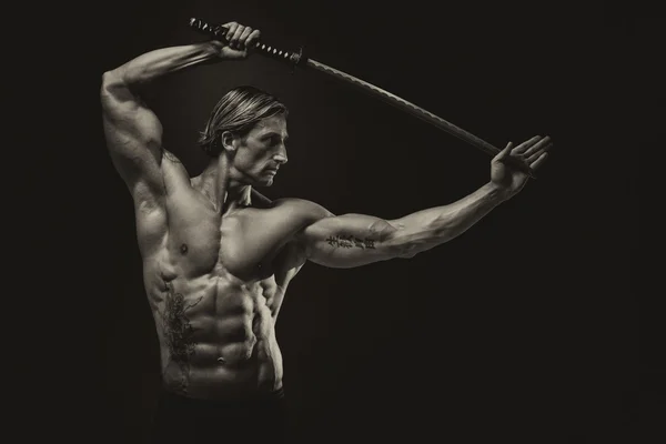 Mature Man Holding Sword Ready To Fight — Stock Photo, Image