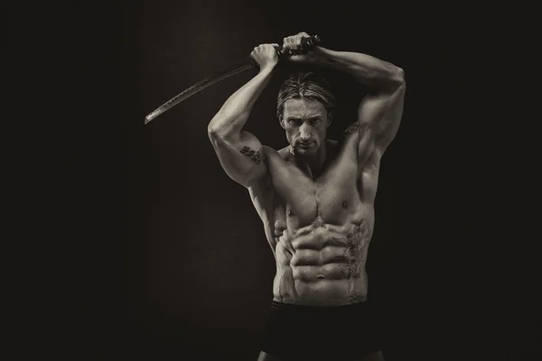 Mature Man Holding Sword Ready To Fight — Stock Photo, Image