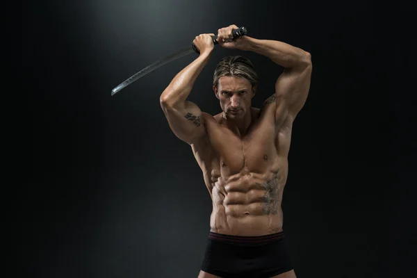 Mature Man Holding Sword Ready To Fight — Stock Photo, Image