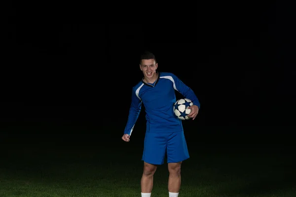 Soccer Player Celebrating The Victory On Black Background — Stock Photo, Image