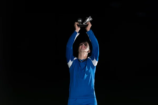 Soccer Player Celebrating Victory While Holding Win Coup — Stock Photo, Image