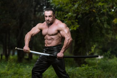 Eski kılıcı olan bir adam portresi
