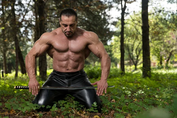 Eski kılıcı olan bir adam portresi