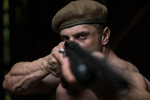 Soldier Drawing Machine Gun In Self Defense — Stock Photo, Image