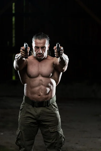 Soldier Aims Guns — Stock Photo, Image