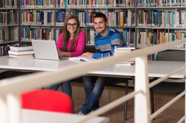 Onların Laptop bir kitaplığı kullanan genç öğrenciler