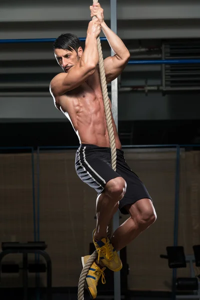 Fitness Athlete Climbing A Rope — Stock Photo, Image