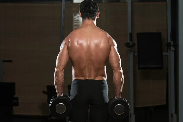 Bodybuilder Exercising Trapezius With Dumbbells — Stock Photo, Image
