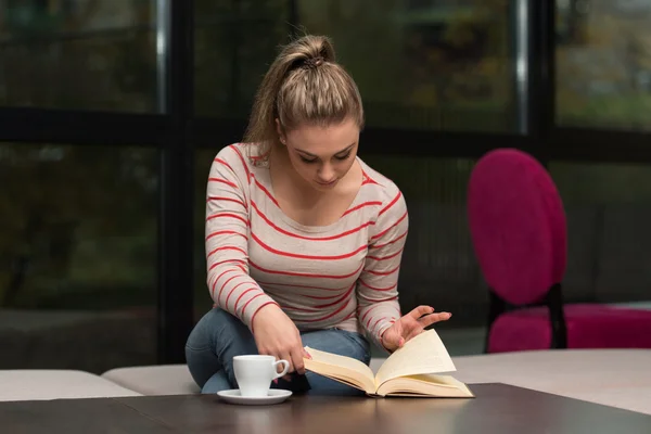 Feliz estudiante femenina en café con libro —  Fotos de Stock