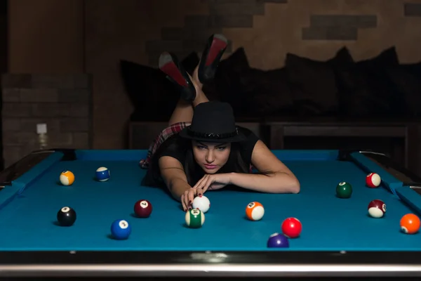 Young Woman Lying On The Billiard Table — Stock Photo, Image