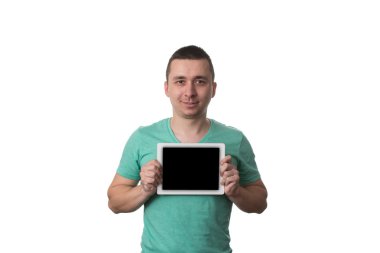 Adam boş Taplet Pc beyaz arka plan üzerinde gösterilen