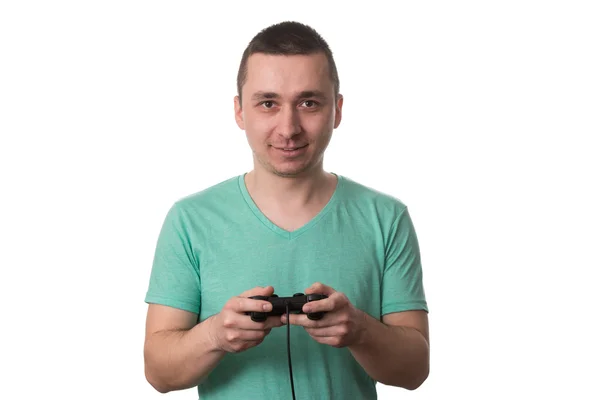 Concentrated Man Playing Video Games On A White Background — Stock Photo, Image