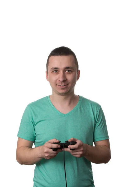 Concentrated Man Playing Video Games On A White Background — Stock Photo, Image