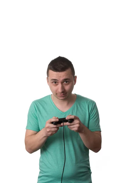 Concentrated Man Playing Video Games On A White Background — Stock Photo, Image