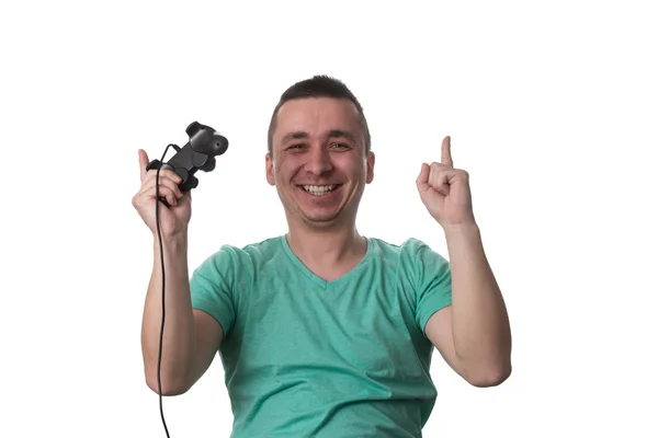 Concentrated Man Playing Video Games On A White Background — Stock Photo, Image