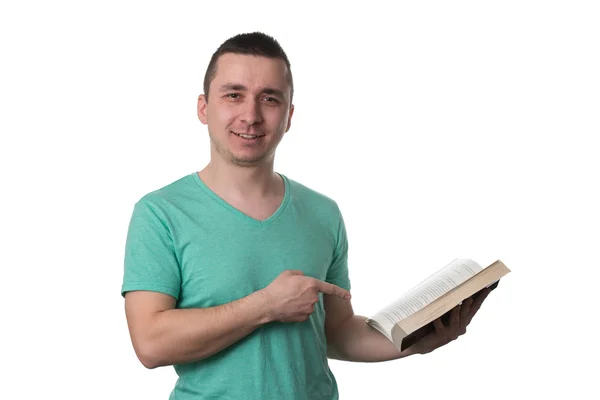 Homme pointant vers livre isolé sur fond blanc — Photo