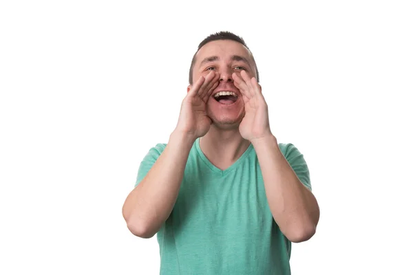 Άνθρωπος ουρλιάζοντας δυνατά απομονωθεί σε λευκό φόντο — Φωτογραφία Αρχείου