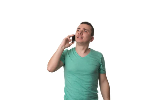 Man praten op mobiele telefoon op witte achtergrond — Stockfoto
