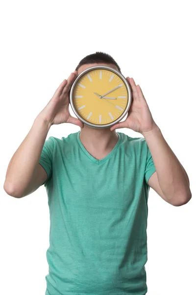 Man Holding A Clock Over White Background — Stock Photo, Image