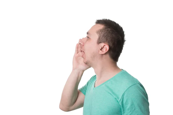 Homem gritando alto isolado em fundo branco — Fotografia de Stock