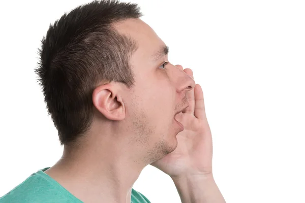 Hombre gritando fuerte aislado sobre fondo blanco — Foto de Stock