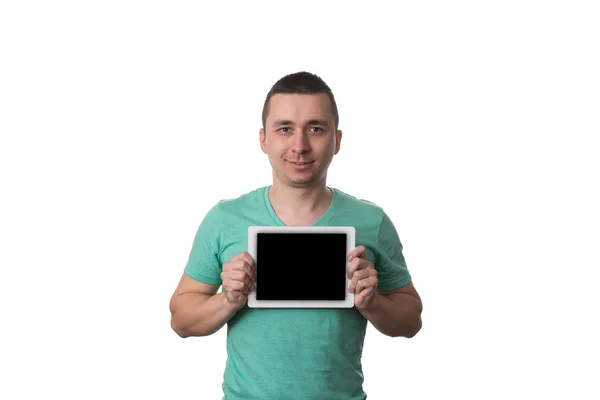 Man Showing Blank Taplet Pc On White Background — Stock Photo, Image